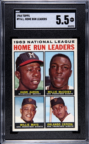 1964 Topps NL Home Run Leaders Hank Aaron, Willie Mays SGC 5.5