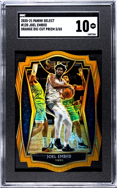 2020-21 Panini Select #120 Joel Embiid Orange Die-Cut Prizm Serial Numbered 5/65 SGC 10 Gem Mint