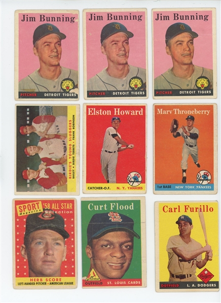 1958 Topps 63-card lot including 3 Jim Bunning cards and a Curt Flood Rookie (LOW GRADE)