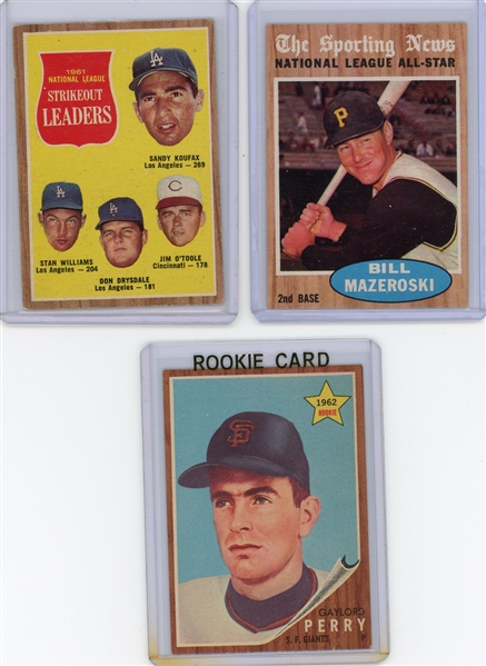 1962 Topps 3 Card Lot - Sandy Koufax, Bill Mazeroski, Gaylord Perry