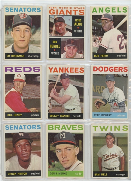 1964 Topps Complete Set Featuring Hank Aaron, Willie Stargell, Willie McCovey, Bob Clemente, Bob Gibson, Mickey Mantle, Willie Mays, Hank Aaron, and many more.  All high numbers included and in...