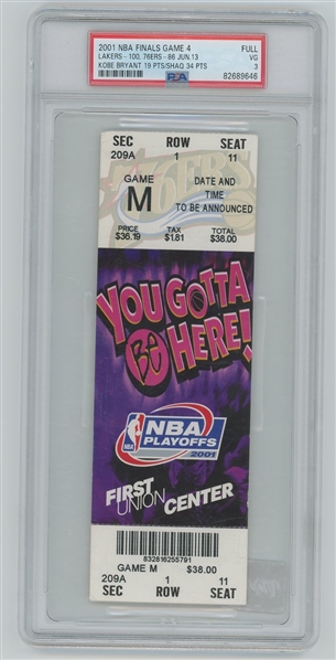 2001 Philadelphia 76ers NBA Finals Ticket vs. Los Angeles Lakers PSA 3 Kobe Bryant
