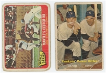1957 Topps Yankees Power Hitters Mickey Mantle and Yogi Berra #407 and 1964 Topps Mantle's Clutch HR #134 2-card lot (LOW GRADE)