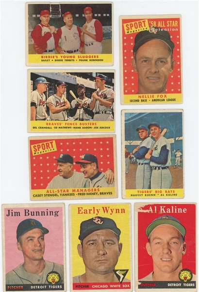 1958 Topps 13-card lot of Hall of Famers (Kaline, Wynn, Bunning, Fox, Frank Robinson, Banks, and more) (LOW GRADE)