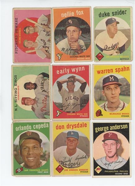 1959 Topps 15-card lot of Hall of Famers (Snider, Fox, Kaline, Spahn, Wynn, Ashburn, Mays, Sparky Anderson, Drysdale, Cepeda, Aparicio, and Doby plus Stengel and Mazeroski All-Star High Numbers