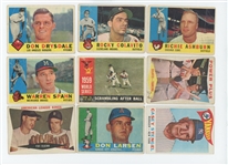 1960 Topps Baseball Starter Set 187/572 (32%) with HOF Wynn, Ford, Mazeroski, Fox, Wilhelm, Kaat Rookie, Alston, Stengel, Ashburn, Spahn, Drysdale, and 17 high numbers including Willie Mays...
