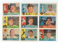 1960 Topps Baseball Starter Set 187/572 (32%) with HOF Wynn, Ford, Mazeroski, Fox, Wilhelm, Kaat Rookie, Alston, Stengel, Ashburn, Spahn, Drysdale, and 17 high numbers including Willie Mays...