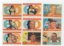 1960 Topps Baseball Starter Set 187/572 (32%) with HOF Wynn, Ford, Mazeroski, Fox, Wilhelm, Kaat Rookie, Alston, Stengel, Ashburn, Spahn, Drysdale, and 17 high numbers including Willie Mays...