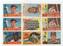 1960 Topps Baseball Starter Set 187/572 (32%) with HOF Wynn, Ford, Mazeroski, Fox, Wilhelm, Kaat Rookie, Alston, Stengel, Ashburn, Spahn, Drysdale, and 17 high numbers including Willie Mays...