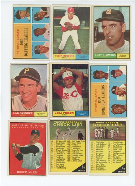 1961 Topps Starter Set 178/587 (30%) including HOF Robin Roberts (LOW GRADE)