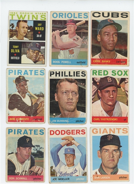 1964 Topps LOW GRADE lot of 82 cards including HOF Roberto Clemente, Ernie Banks, Carl Yastrzemski, Jim Bunning, and Tony Oliva plus two high numbers
