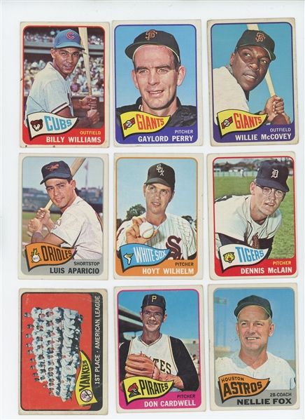 1965 Topps Starter Set 163/598 (27.3%) including HOF Willie McCovey, Gaylord Perry, Billy Williams, Luis Aparicio, and Nellie Fox,  plus  25 Series 7 high numbers (LOW GRADE)