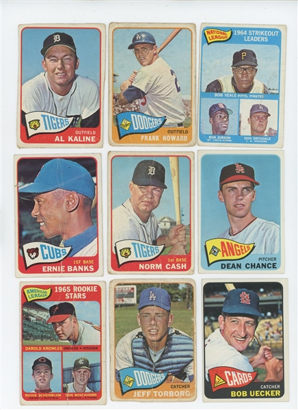 1965 Topps LOW GRADE lot of 72 cards including HOF Al Kaline and Ernie Banks, plus two high numbers