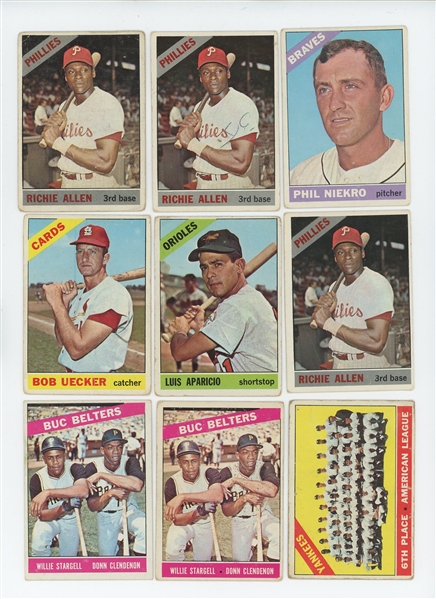 1966 Topps Lot of 306 LOW GRADE Baseball Cards including 23 HOFs, 26 unmarked checklists, 5 leaders cards, and one high number (#595)